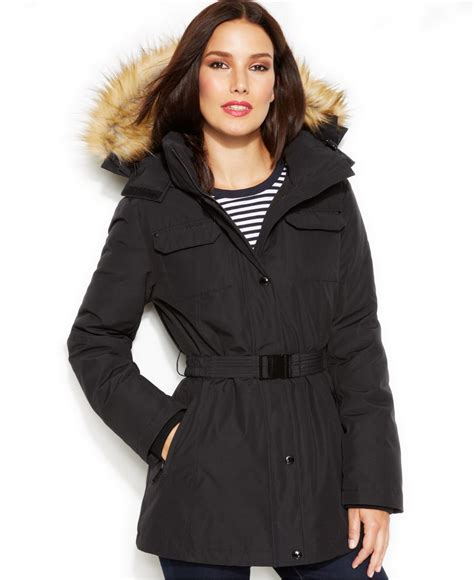 michael kors belted faux-fur trim hooded puffer coat